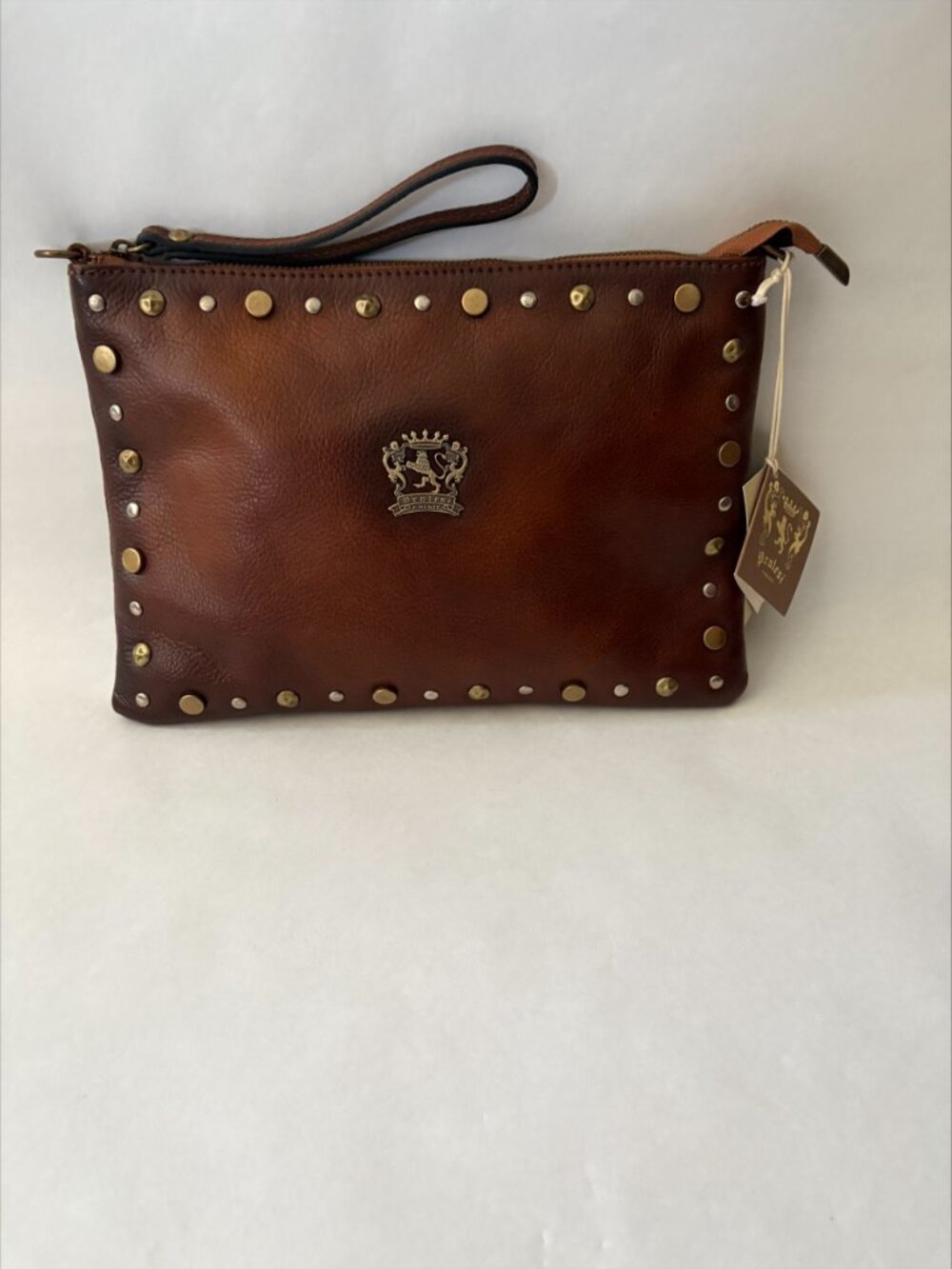 NWT Pralesi Firenze Cognac Burnished Brown Leather Clutch w/ Dust Bag Strap - Picture 3 of 5